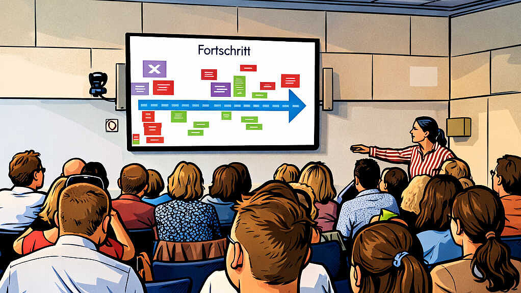 Comicartiges Bild von Menschen, die einem Vortrag zuhören.
